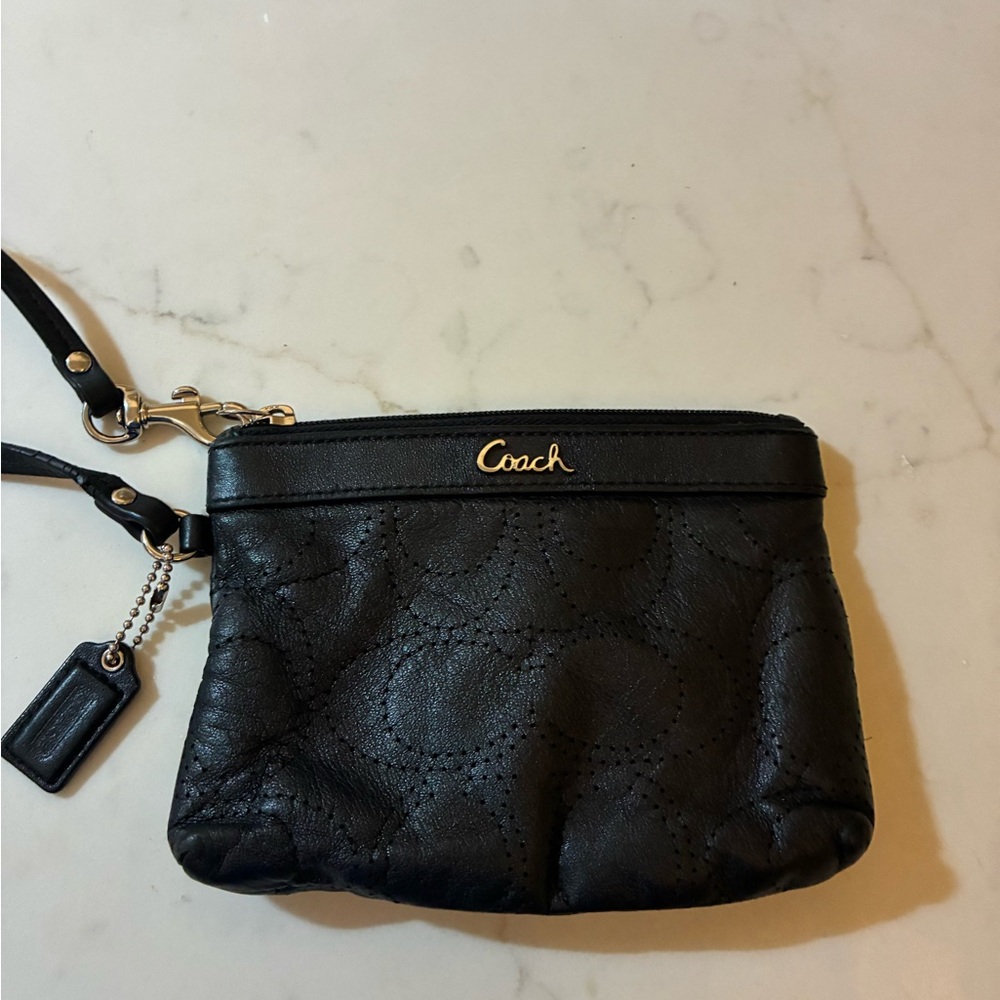 Coach Black Leather Wristlet with Gold Logo Hardware